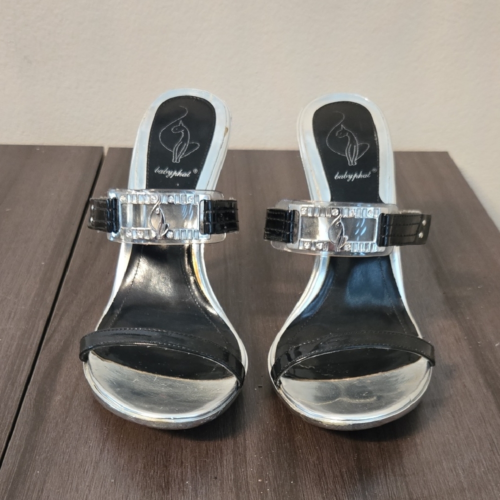 Baby Phat Black and Silver Open-Toe Heeled Sandals